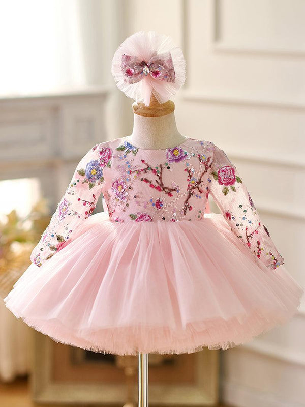 Lilac Long Sleeves Knee-length Baby Girl Dress Floral Garden