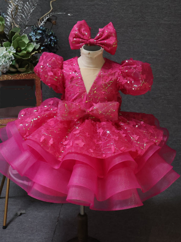 Pink Tulle Short Sleeves Knee-length Girl Birthday Dress