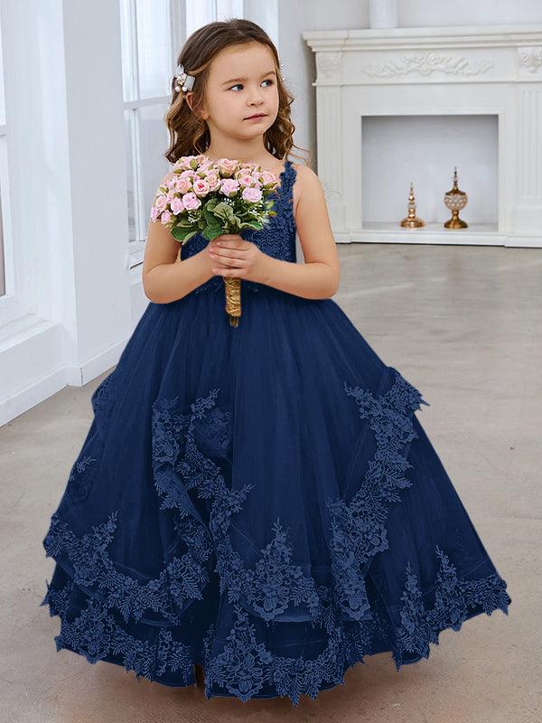 Vestido sin mangas con apliques de encaje de tul para niña pequeña 