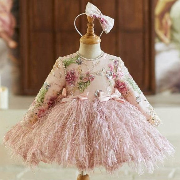 Vestido de princesa para niña de flores con mangas largas y lentejuelas color rosa para cumpleaños 