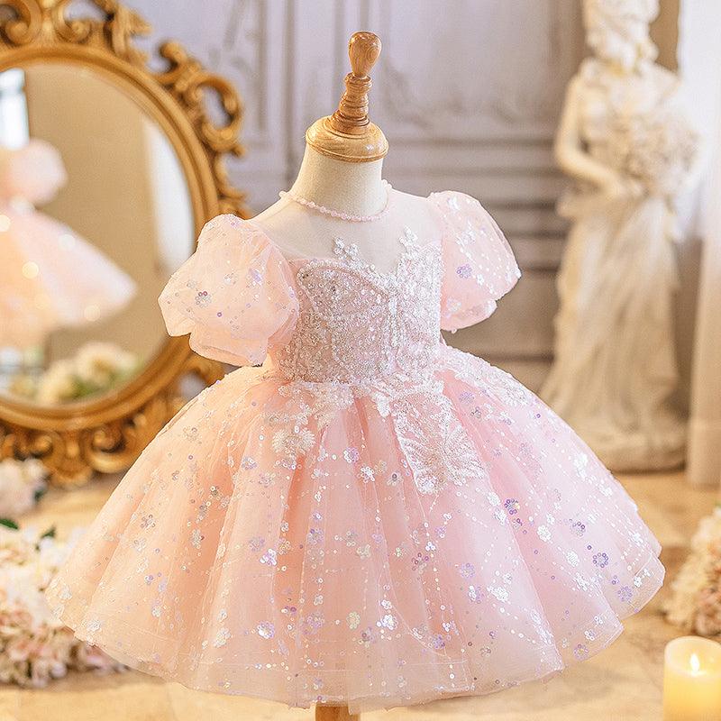 Pink Short Sleeve Sequin Butterfly Girl Princess Birthday Dress