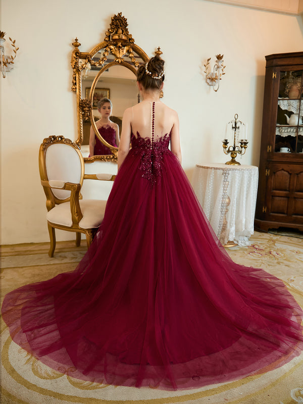 Ball-Gown/Princess Tulle Sweep Train Burgundy Dress (010224361)