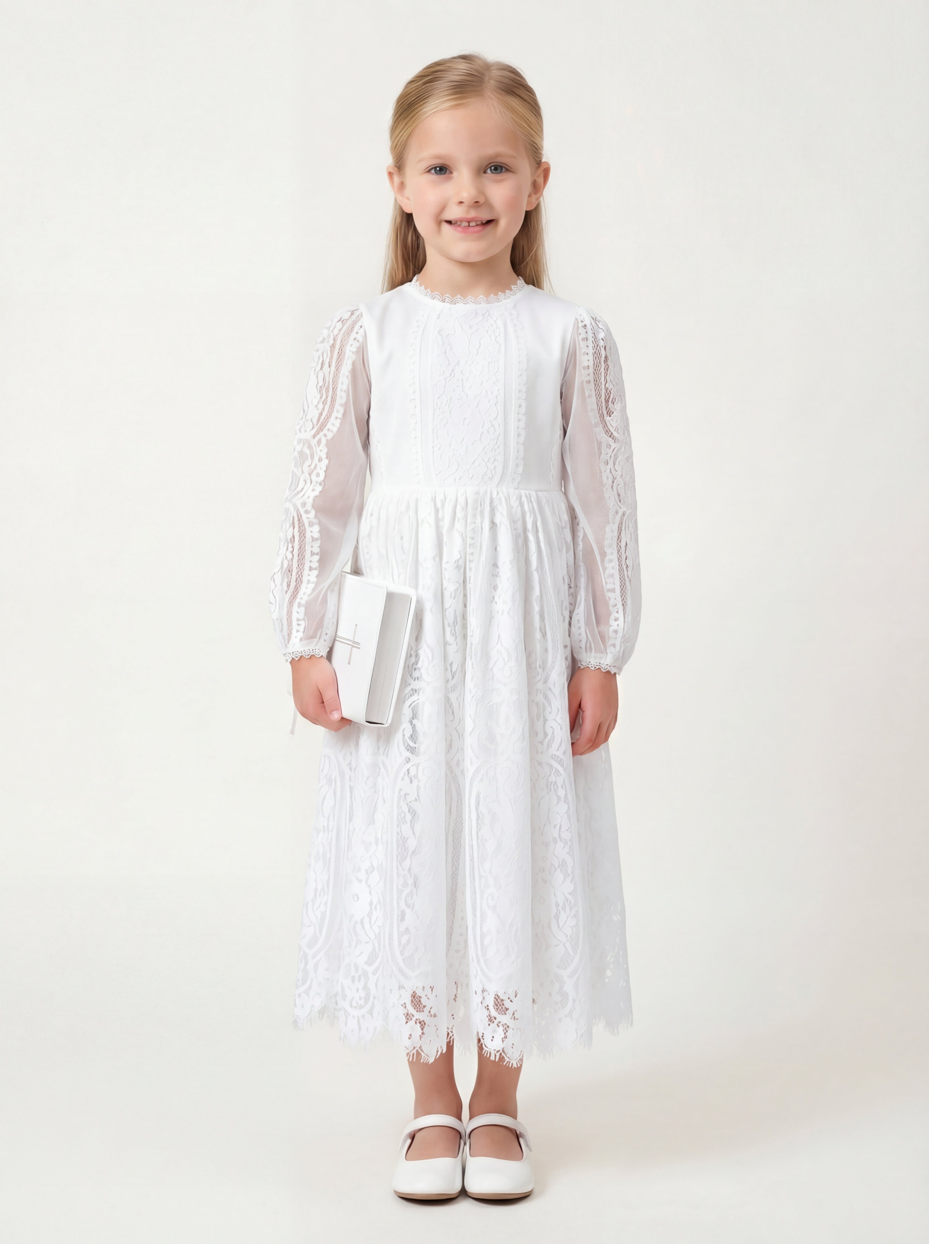 LalaMira Modest White Lace Long Sleeve A-Line Dress for First Communion & Flower Girl - Illusion Sleeves White / 12Y LalaMira Modest White Lace Long Sleeve A-Line Dress for First Communion & Flower Girl - Illusion Sleeves White / 12Y