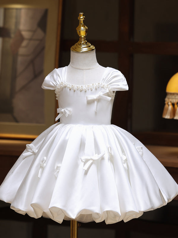 Satin Sleeveless Knee Length First Birthday Dress Classic White