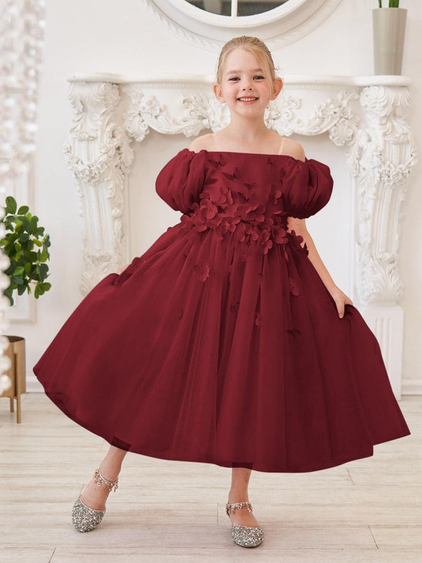 Burgundy Puffy Sleeves Tea-length Flower Girl Dress