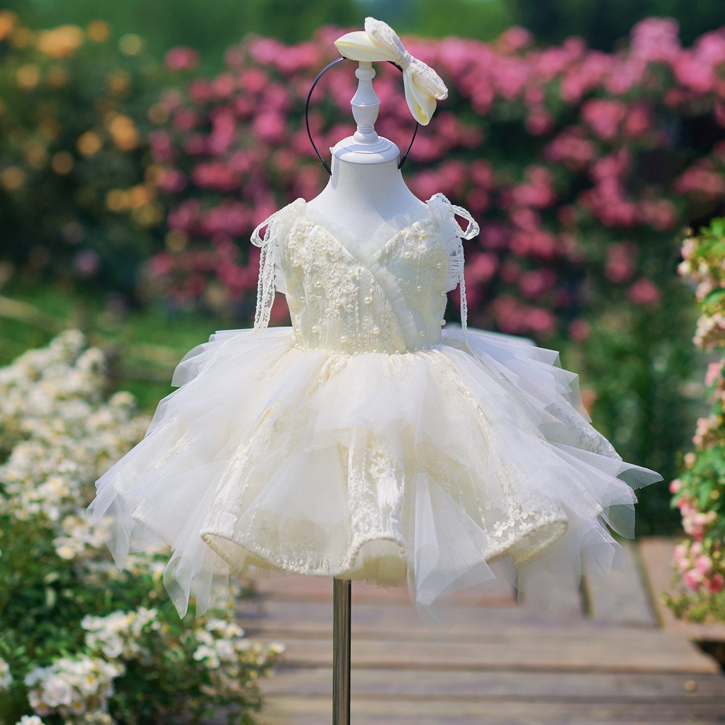 The Maya - Ivory Pearl Lace Tulle Flower Girl Dress | Luxury Party