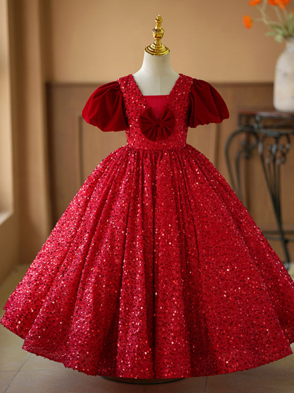 Sequins Cap Sleeves Floor Length Girl Birthday Pageant Dress