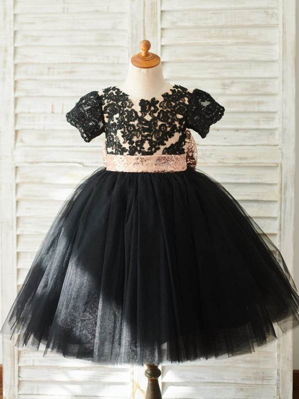 Lace Tulle Knee-length Black Dress (2003227632)
