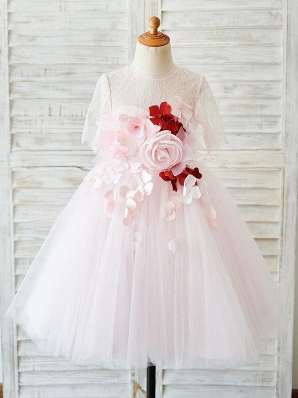 A-line 1/2 Sleeves Lace Tulle Knee-length 3D Flower Appliques  Dresses