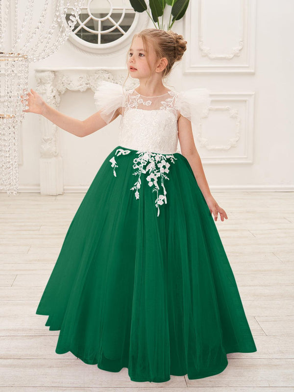 Dark Green Detachable Sweep Train Flower Girl Dress