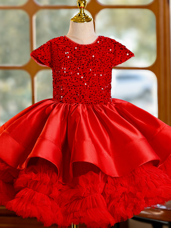 Satin Cap Sleeves Knee Length First Birthday Dress Christmas Party