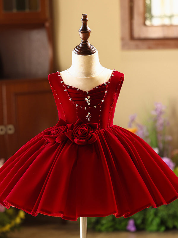 Velvet Sleeveless Knee Length First Birthday Dress