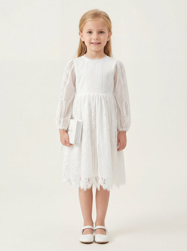 LalaMira Modest White Lace A-Line Dress for First Communion & Flower Girl
