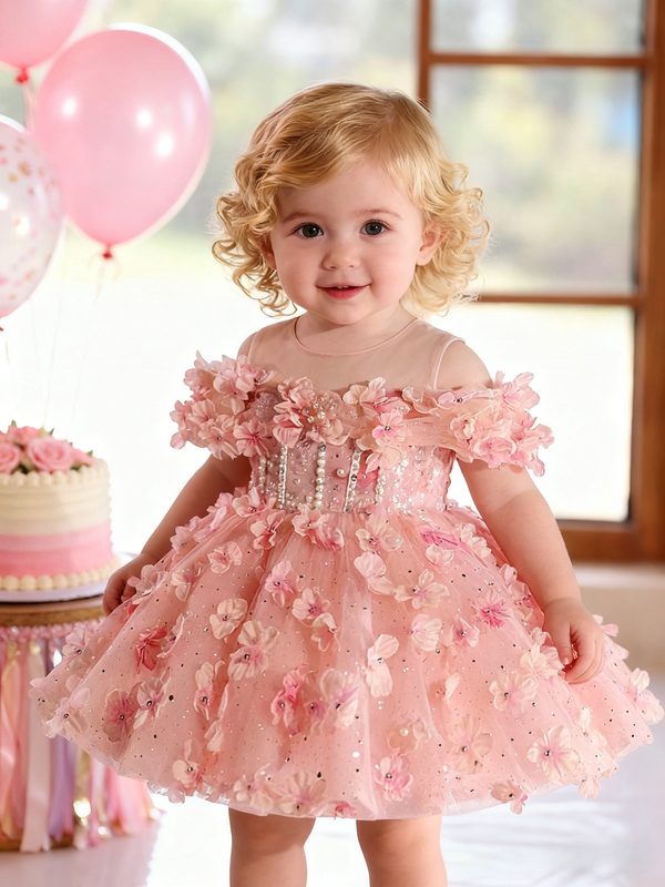 Pink Knee-length Baby Girl Birthday Dress Floral Garden