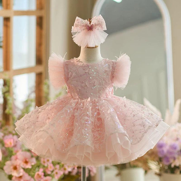 Vestido de fiesta de primer cumpleaños hasta la rodilla con tul y lentejuelas 