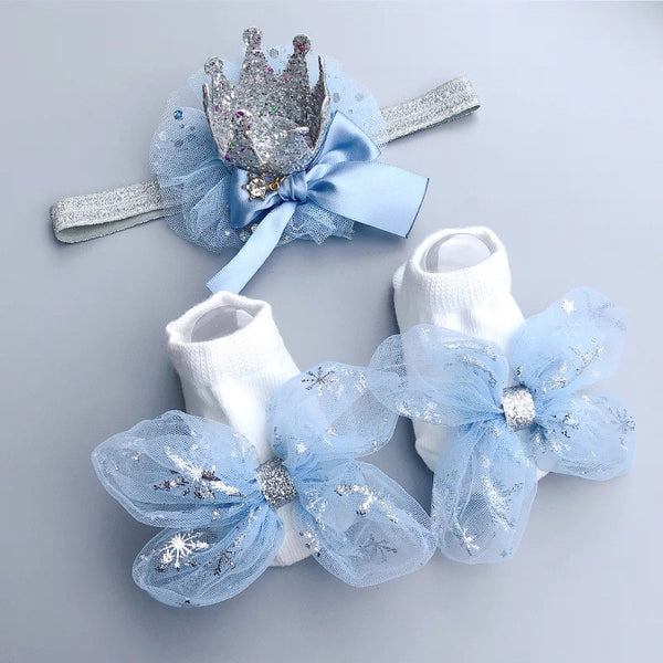 Baby Girl Princess Crown Headband and Socks Set Blue