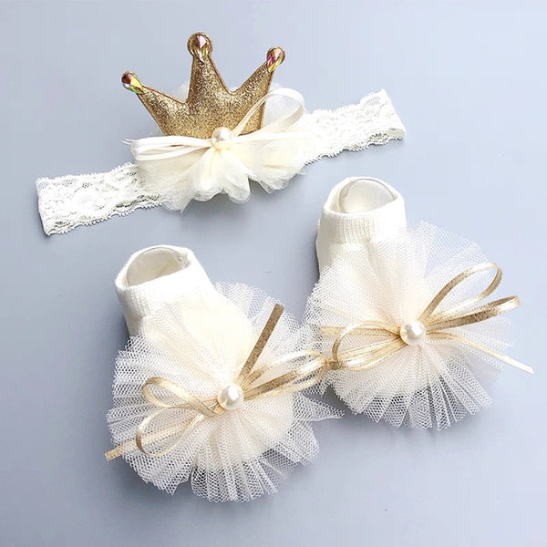 Baby Girl Princess Crown Headband and Socks Set Gold