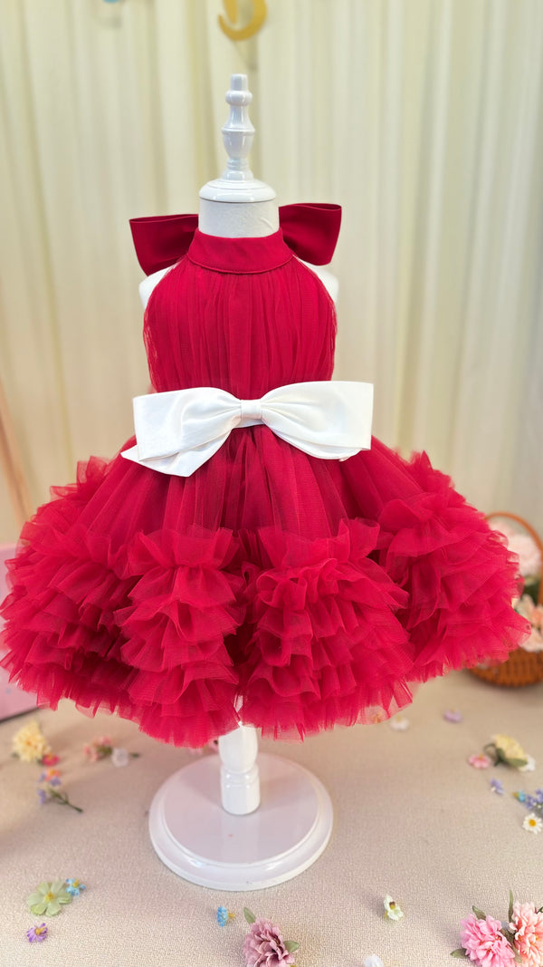 Vestido de tul hasta la rodilla color burdeos para niña para concurso de baile de cumpleaños 