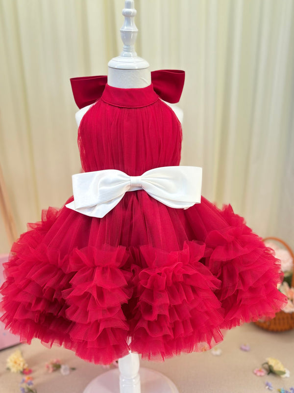 Vestido de tul hasta la rodilla color burdeos para niña para concurso de baile de cumpleaños 
