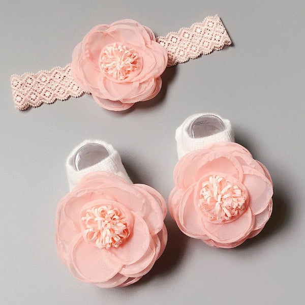 Baby Girl Princess Crown Headband and Socks Set Pink Flower