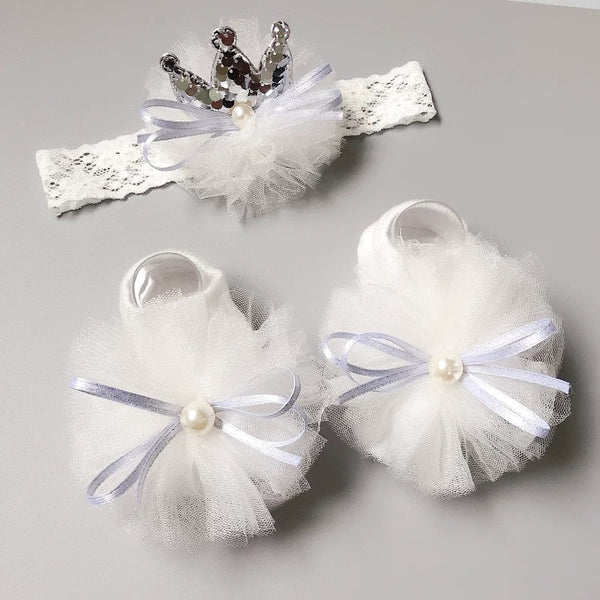 Baby Girl Princess Crown Headband and Socks Set White