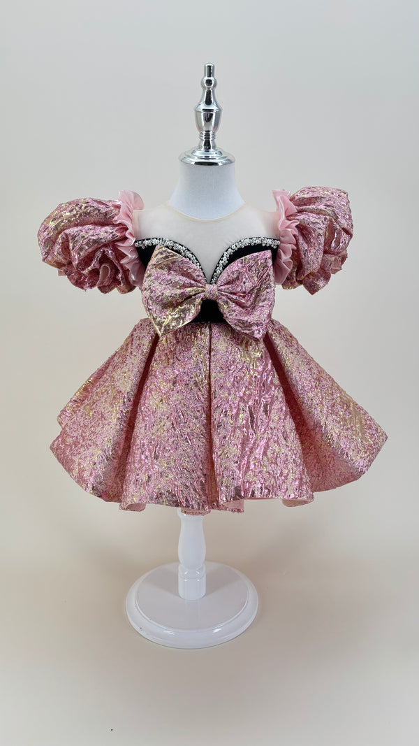 Short Sleeves Knee-length Baby First Birthday Dress Pink & Gold Glam
