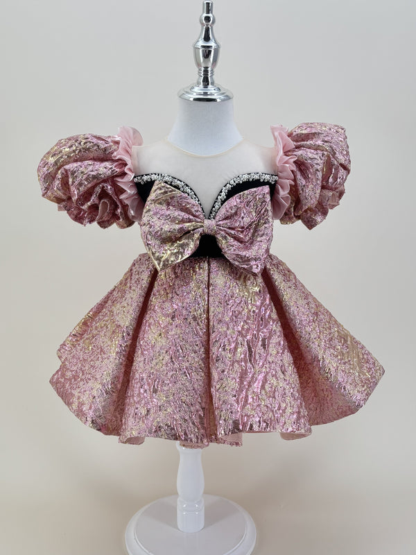 Short Sleeves Knee-length Baby First Birthday Dress Pink & Gold Glam