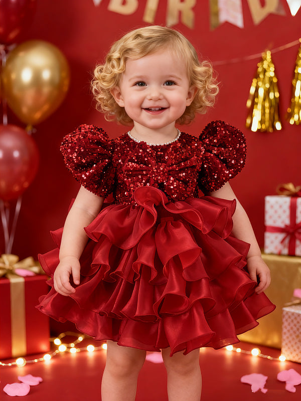 Vestido de fiesta de primer cumpleaños para niña con lentejuelas hasta la rodilla
