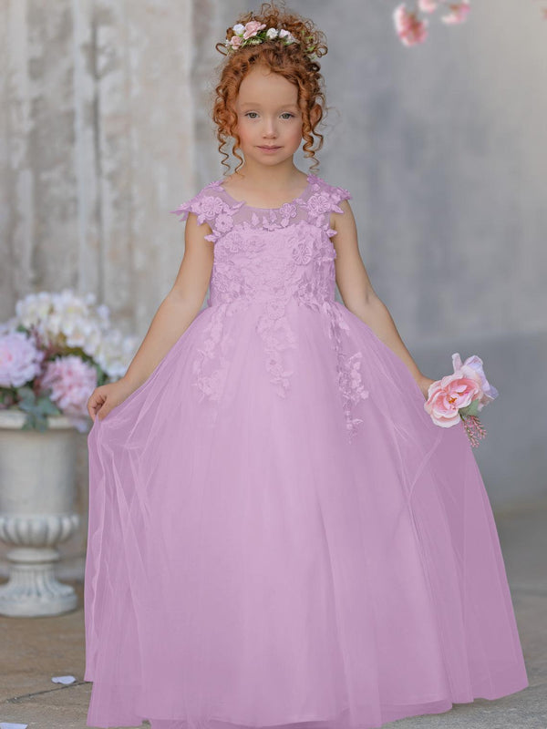 Vestido de princesa color marfil con apliques de encaje y lazo de tul | Vestido de niña de las flores de tul hasta los tobillos y manga corta 