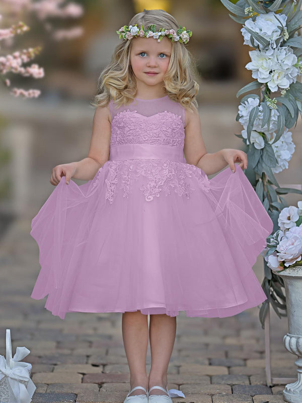 Vestido de niña de las flores de primera comunión hasta la rodilla de tul con encaje 