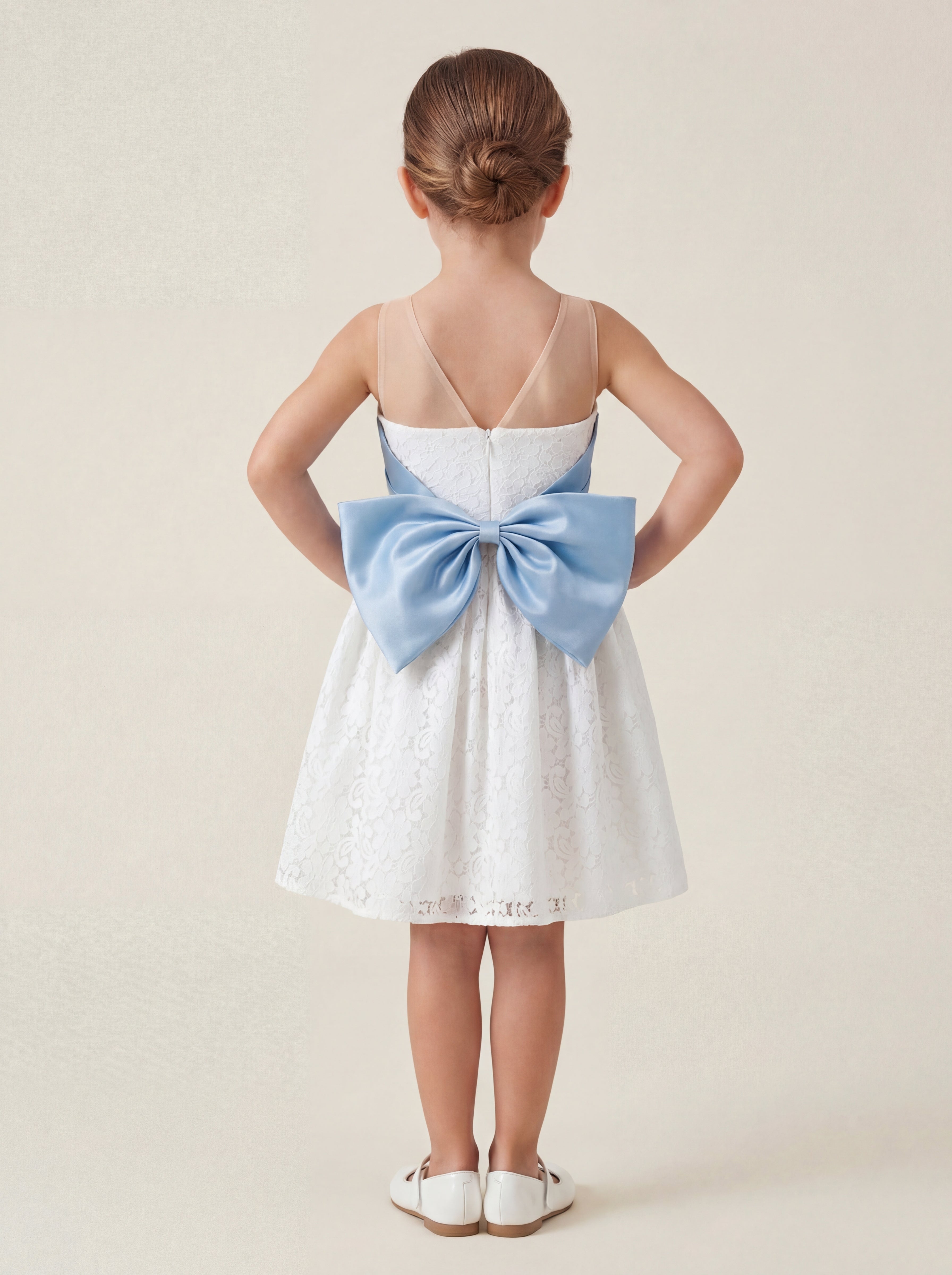 LalaMira The Rosalie White Lace & Dusty Rose Bow Flower Girl Party Dress Sage Green / 8Y