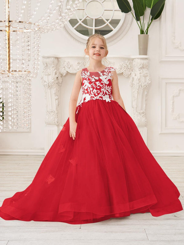 Red Sleeveless Sweep Train Flower Girl Dress