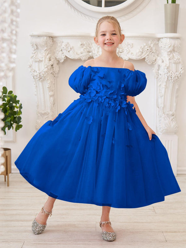 Royal Blue Puffy Sleeves Tea-length Flower Girl Dress